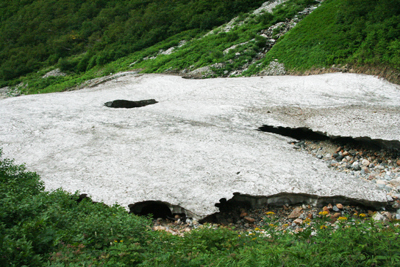 槍沢ババ平上部にあった雪渓の写真