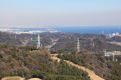 展望台から見た東京湾と都心方面の写真
