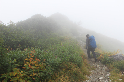 深い霧の中、室堂乗越から奥大日岳に向けて歩いている写真