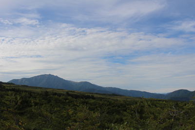 薬師岳と上空に広がる青空の写真