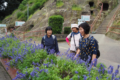 花の前に立つ3人の女性の写真