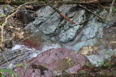 緑色の緑色片岩と赤っぽい紅れん石石英片岩の写真