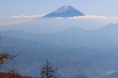 雲海から頭を出す富士山の写真