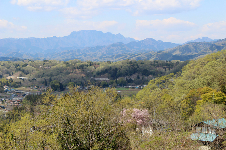 美の山からみた両神山と里の風景の写真