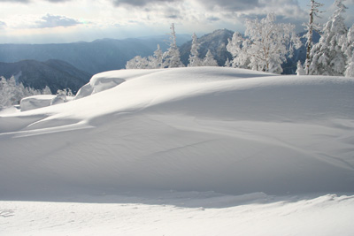 吹きだまりに積もったふかふか雪の写真