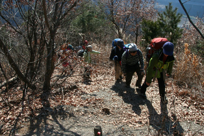 傾斜が落ちてきた登山道を登っている写真