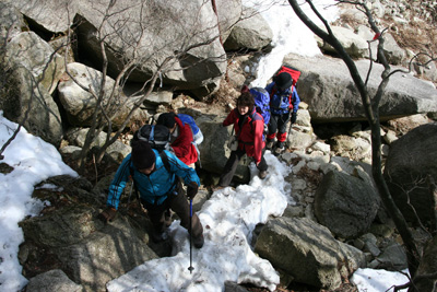 雪が現れた登山道を登っている写真