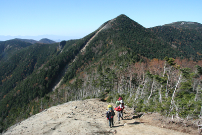 甲武信ヶ岳を背に木賊山に向けて登っている写真