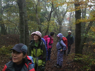 紅葉を楽しみながら登っている写真