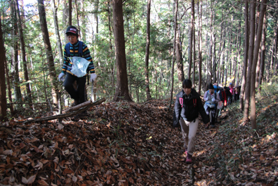 落ち葉のつもる山道を歩いている写真