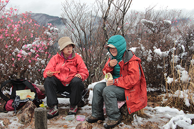アカヤシオの咲く山頂で昼食中の写真