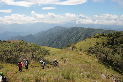 大蔵高丸や富士山を背に広い尾根を歩いている写真