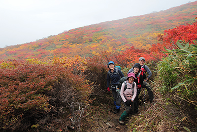 素晴らしい紅葉の山腹を背にポーズを取っているメンバーの写真