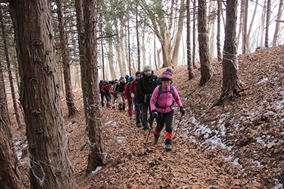 稜線の雪のない登山道を歩いている写真