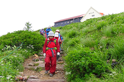 種池山荘を背に、お花畑の中を下山している写真