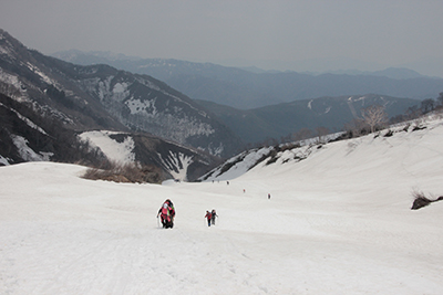 低い山を背に大雪渓を登っている写真
