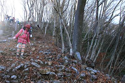 山頂から石の混じった登山道を下るＳちゃんの写真