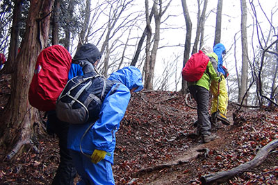 カッパを着て登山道を登っている写真