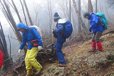 少し急な登山道を下っている写真