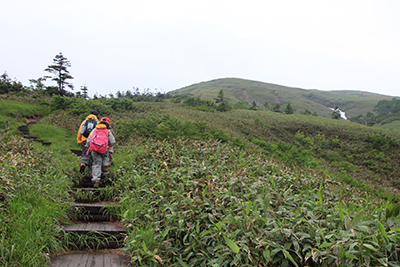２日目の朝、平標山に向けて登りはじめた子どもたちの写真