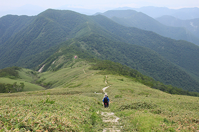 平標山から平標山ノ家に向けて下っている写真