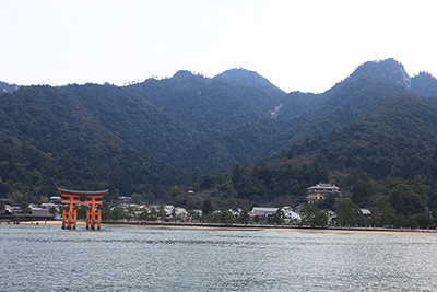 フェリーから見た弥山と大鳥居の写真