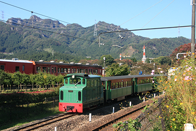 碓氷峠鉄道文化村の中を走る列車の写真
