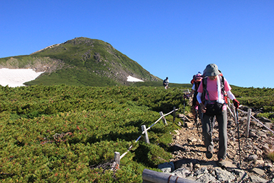 真っ青な空を背に登山道を歩いている写真