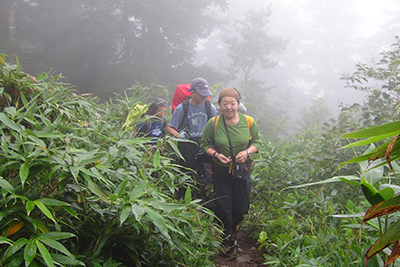 深い霧に包まれた緩やかな登りの登山道を歩いている写真