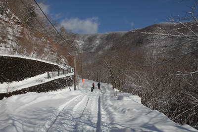 快晴の女峰山方面を正面に見て歩いている人達の写真