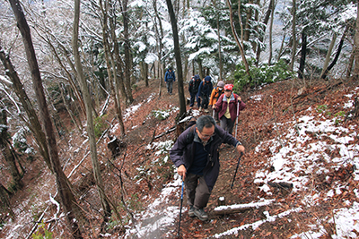 雪の載った木々が出てきた尾根を登っている写真