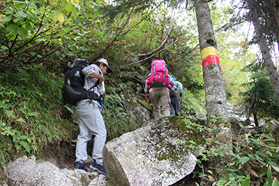 シシウドが原から鏡平山荘に向かうトラバース道を登っている写真