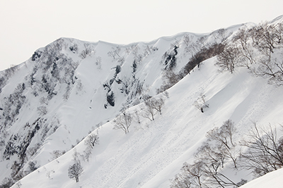 雪庇が張り出している尾根の写真