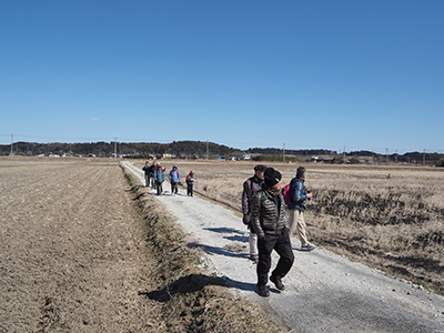 Iさんが撮影した快晴の空の下で休耕田の中の道を歩いている写真