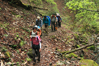 徐々に沢から離れた登山道を上っている写真
