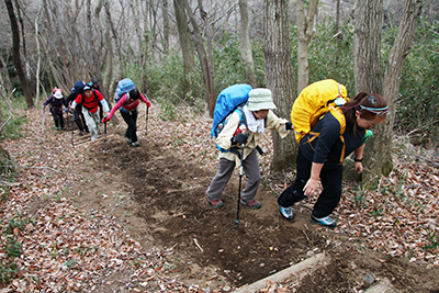 滑りやすい登山道を登っている写真