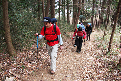 非常に歩きやすい登山道を歩いている写真