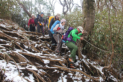 雪が残っている稜線の北側の登山道を下っている写真