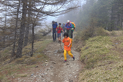 霧の登山道を元気に下っている写真