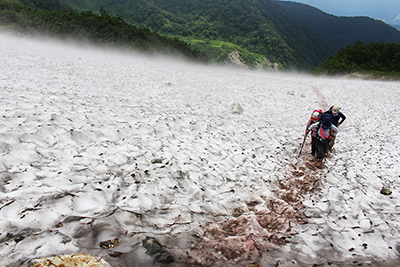鑓沢付近の雪渓を渡っている写真
