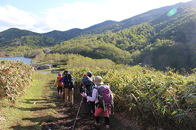 下山して野反湖に到着した写真