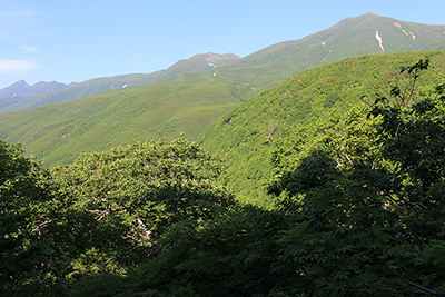 午後の硫黄山、オッカバケ岳、サシルイ岳の写真