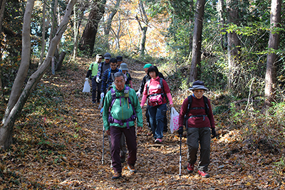 広い登山道を歩いている写真