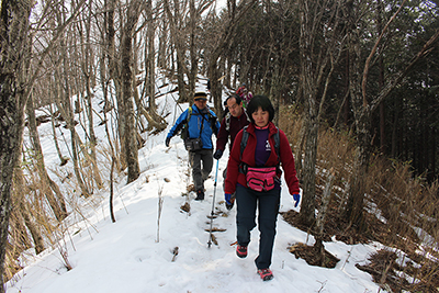 山頂から雪の多い尾根を下っている写真