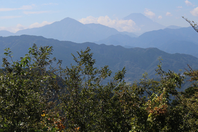高尾山山頂から見た富士山と大室山の写真