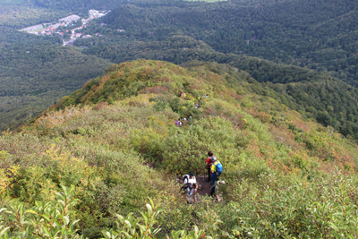 少し色づき始めた尾根の木々の写真と大山寺の駐車場方面を俯瞰した写真