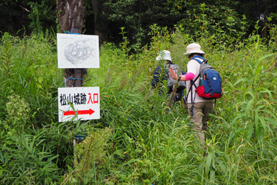 草藪をかき分けて松山城趾に向かっている写真