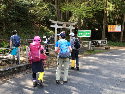 Mさんが撮影した登山口近くで何かをみんなが見ている写真