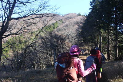 大山山頂を正面に見て歩いている写真