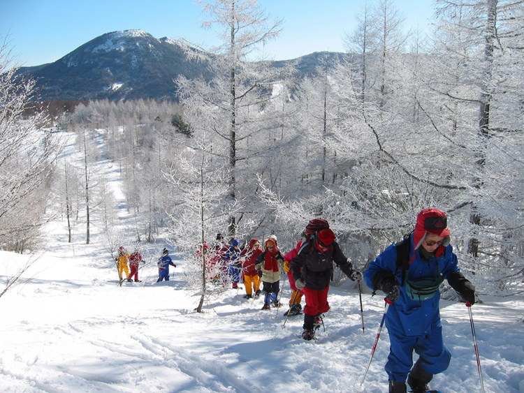 湯ノ丸山の樹氷の横を登っている写真